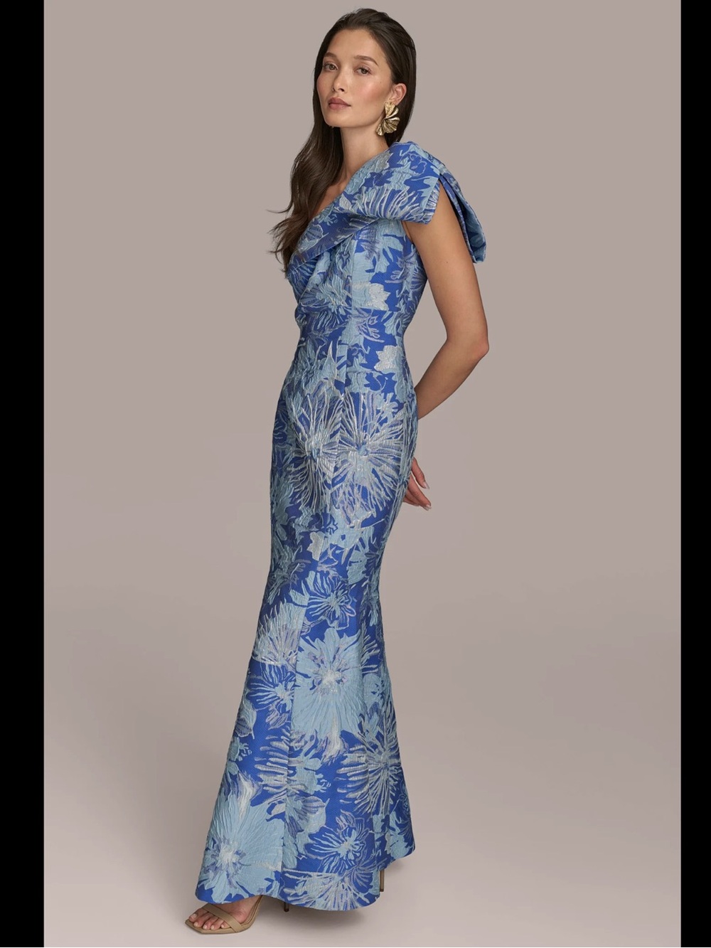 Donna Karan New York Floral Jacquard One Shoulder Bow Cocktail Dress Blue Size 8